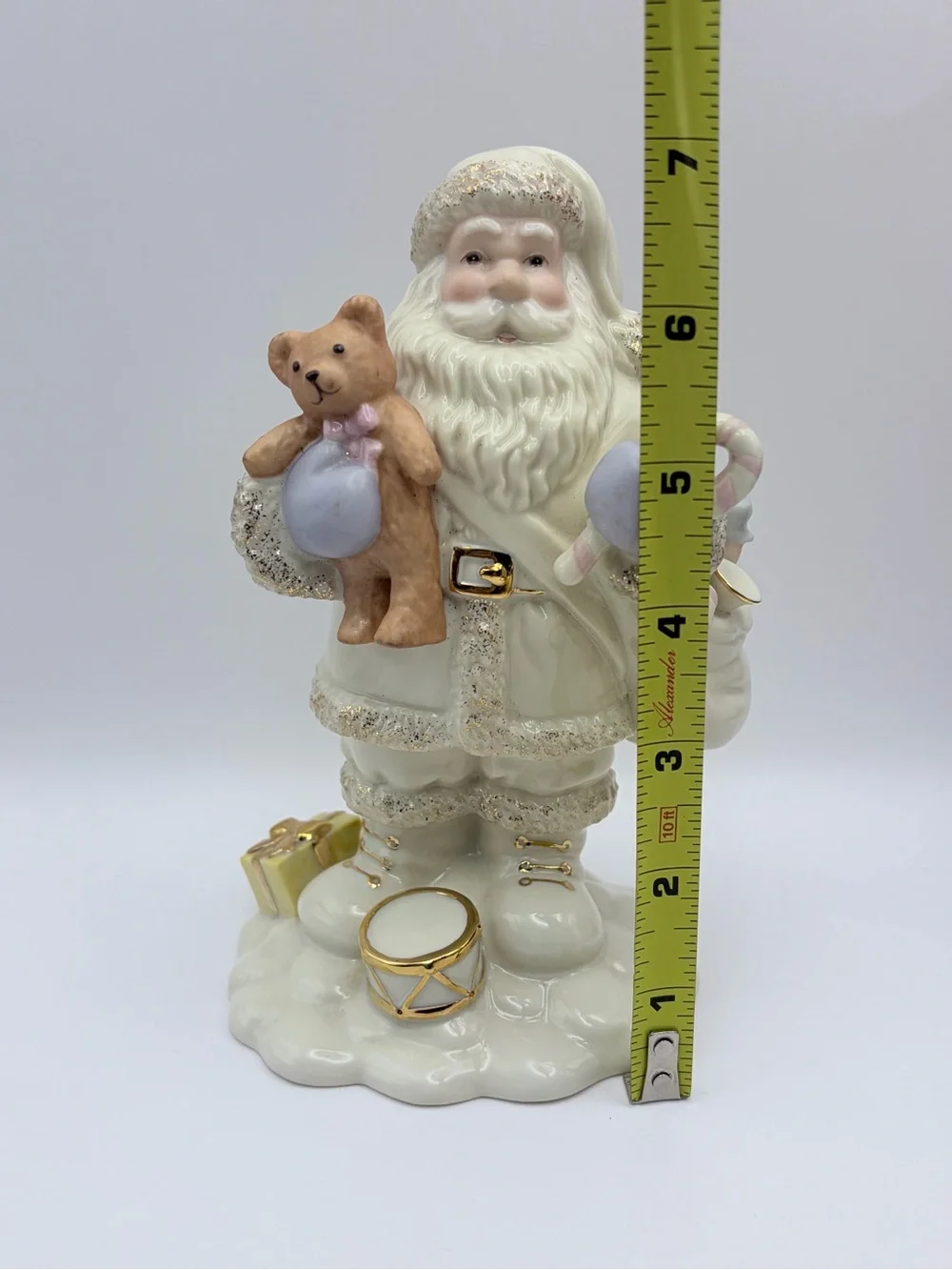 Lenox Santa Figurine, Violet/Gold Trim, Sack of Toys, Teddy Bear, Drum. So cute!